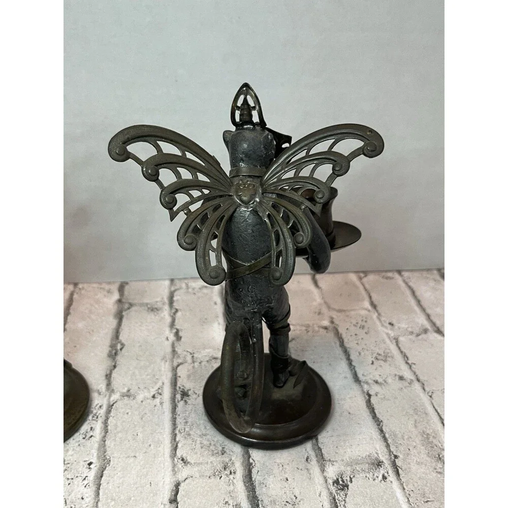 2 “Petites Choses” Pewter & Brass Flying Monkey Candle Holders Comedy & Tragedy